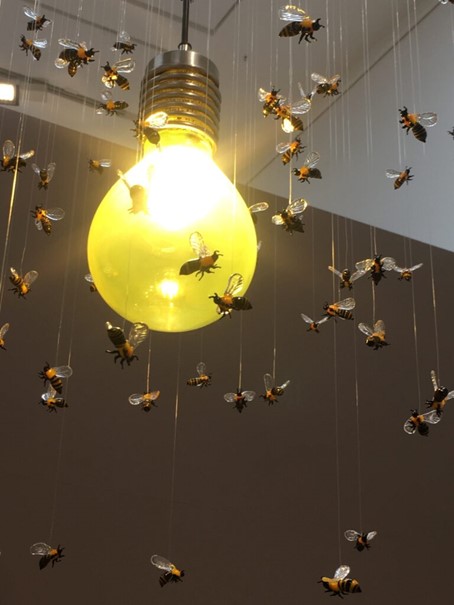 konstinstallation med glödlampa och insekter i glas